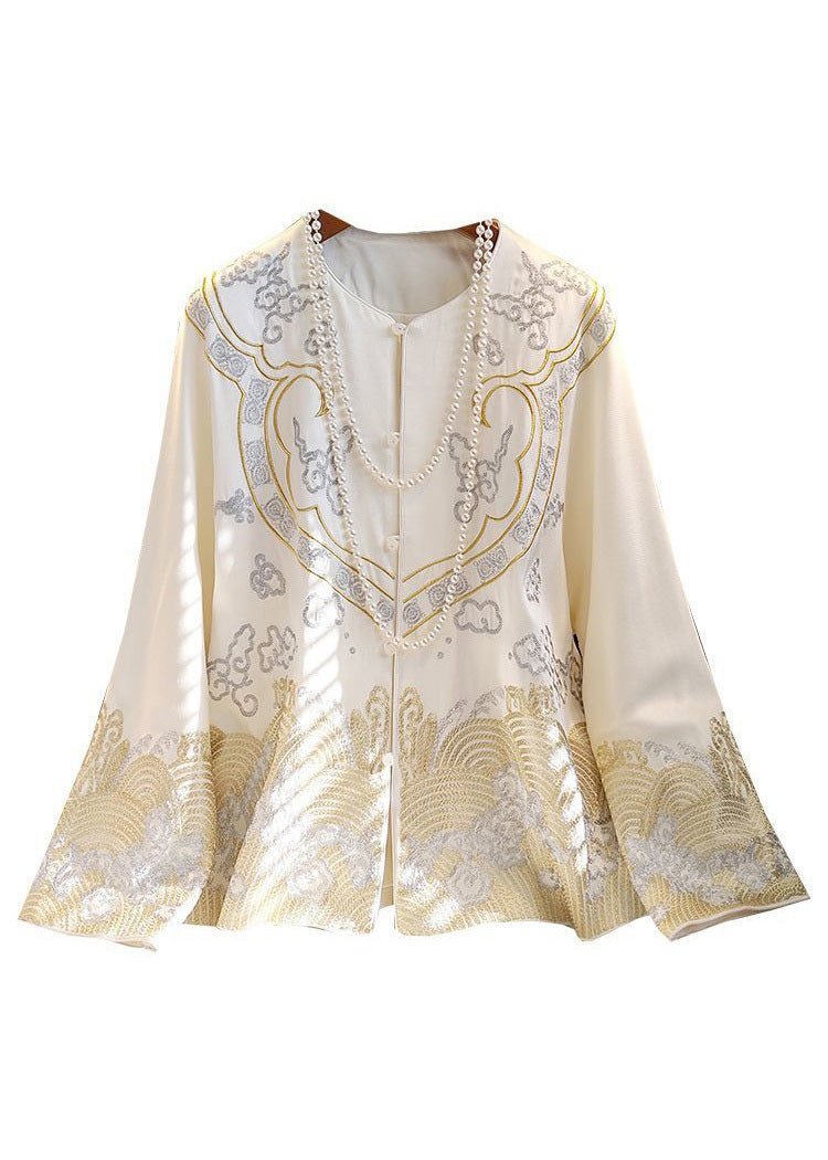 Chinese Style White Print Button Silk Coat Long Sleeve