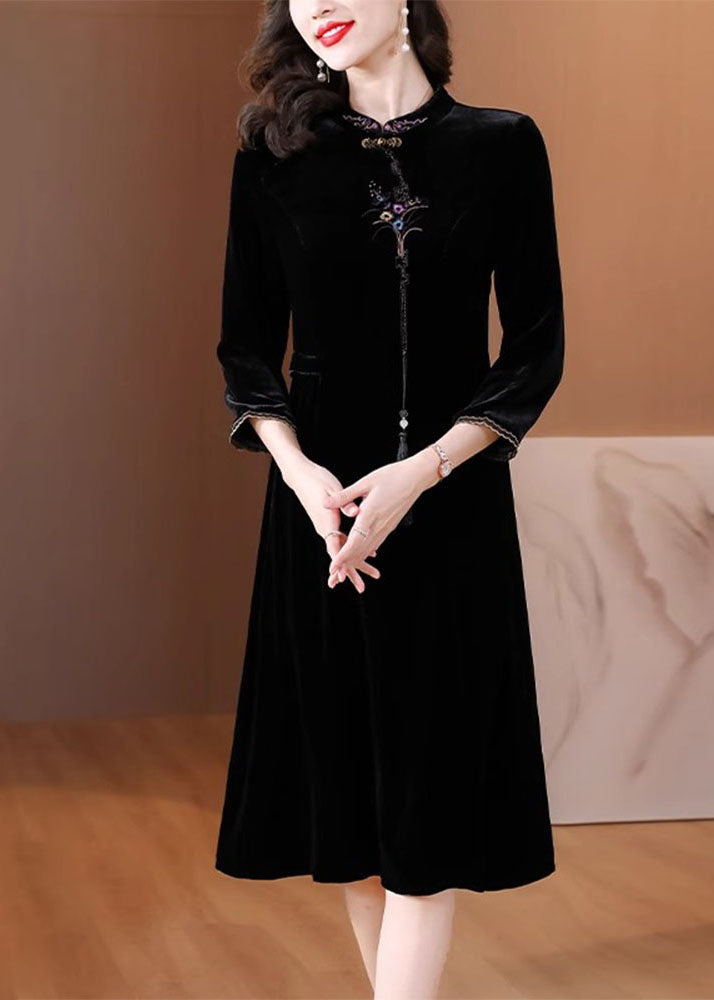 Classy Black Stand Collar Embroideried Floral Silk Velour Maxi Dress Fall
