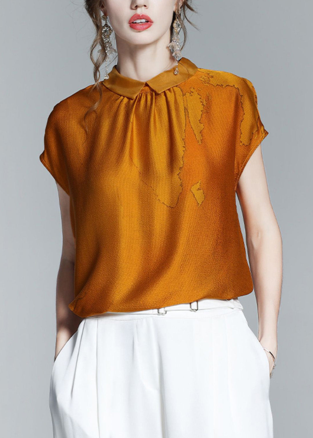 Classy Caramel Peter Pan Collar Print Silk T Shirt Short Sleeve