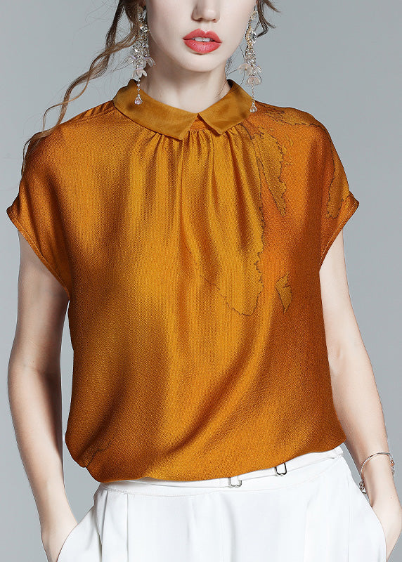 Classy Caramel Peter Pan Collar Print Silk T Shirt Short Sleeve