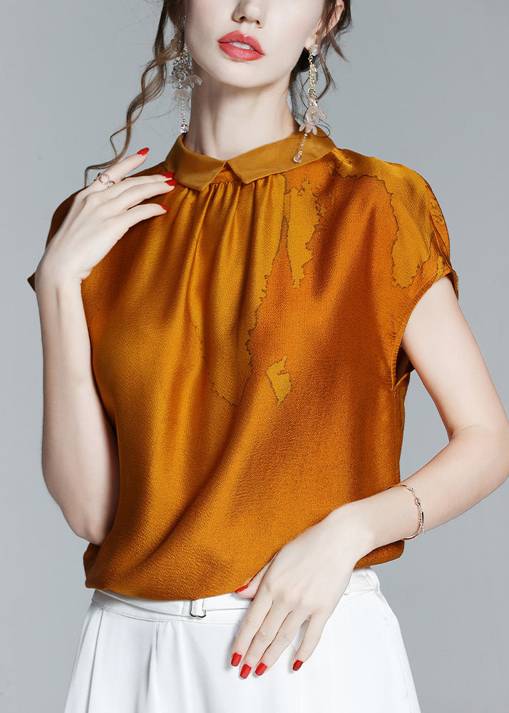 Classy Caramel Peter Pan Collar Print Silk T Shirt Short Sleeve