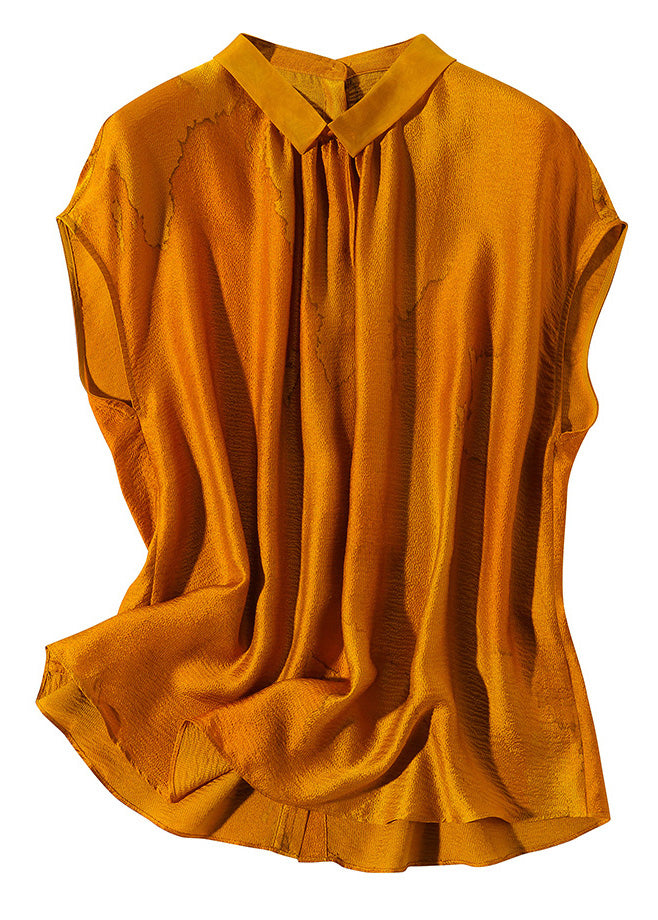 Classy Caramel Peter Pan Collar Print Silk T Shirt Short Sleeve