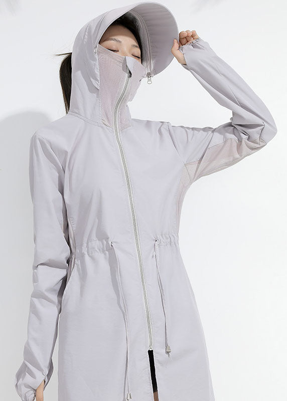 Classy Purple Hooded Pockets Drawstring Patchwork Ice Silk UPF 50+ Coat Summer