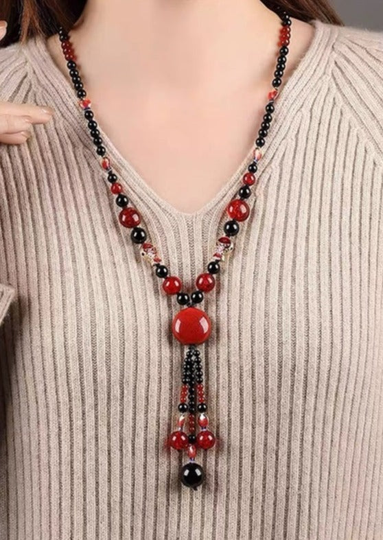 Classy Red Agate Coloured Glaze Cloisonne Pendant Necklace