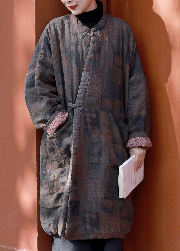 Coffee Patchwork Fine Cotton Filled Coat Pockets Print Winter