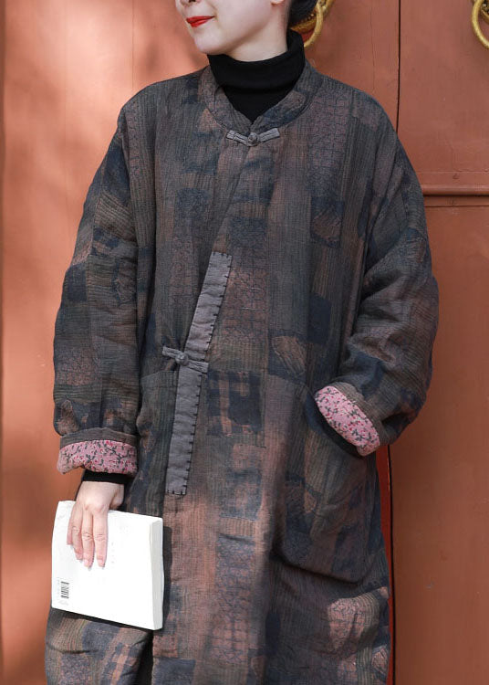 Coffee Patchwork Fine Cotton Filled Coat Pockets Print Winter