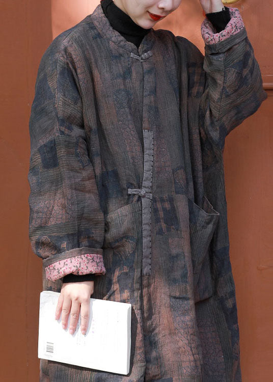 Coffee Patchwork Fine Cotton Filled Coat Pockets Print Winter