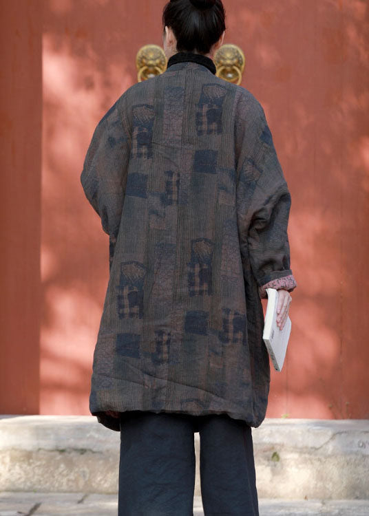 Coffee Patchwork Fine Cotton Filled Coat Pockets Print Winter