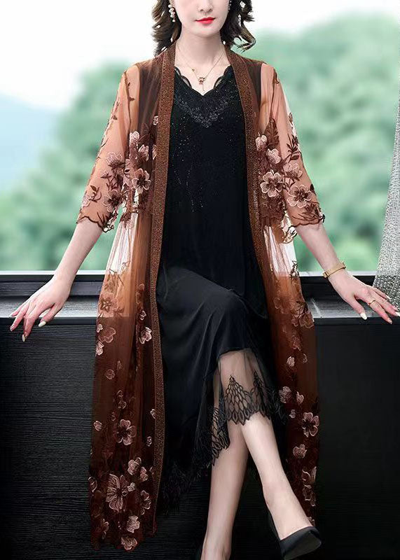 Coffee Patchwork Tulle Cape Dresses Embroidered V Neck Summer