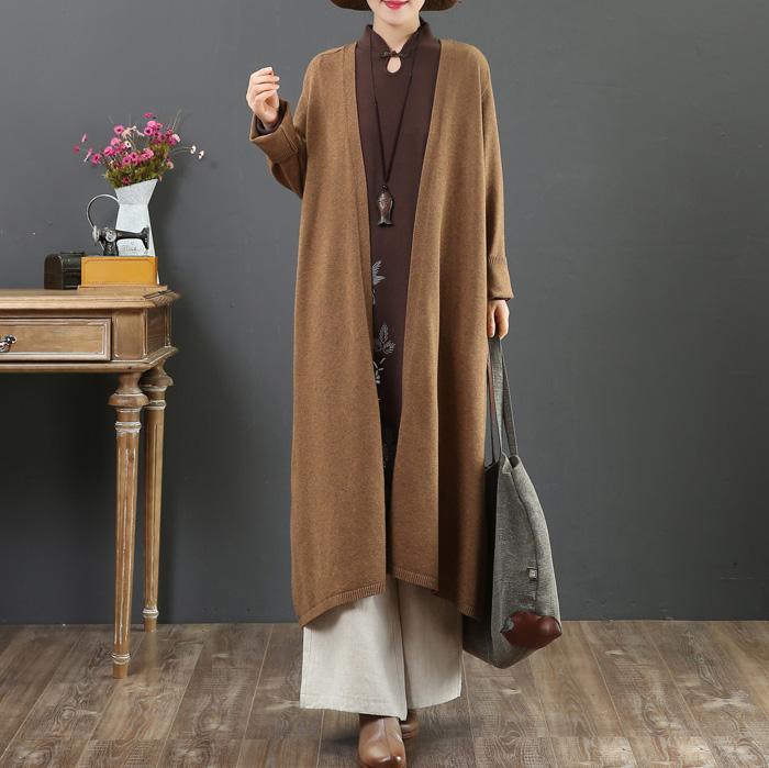 Cozy brown sweater coat trendy plus size v neck loose sweaters - Omychic