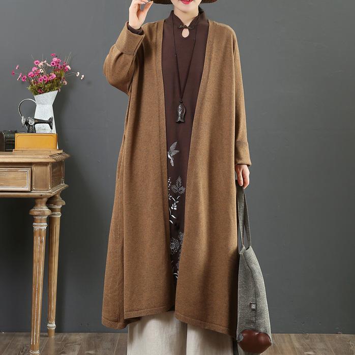 Cozy brown sweater coat trendy plus size v neck loose sweaters - Omychic