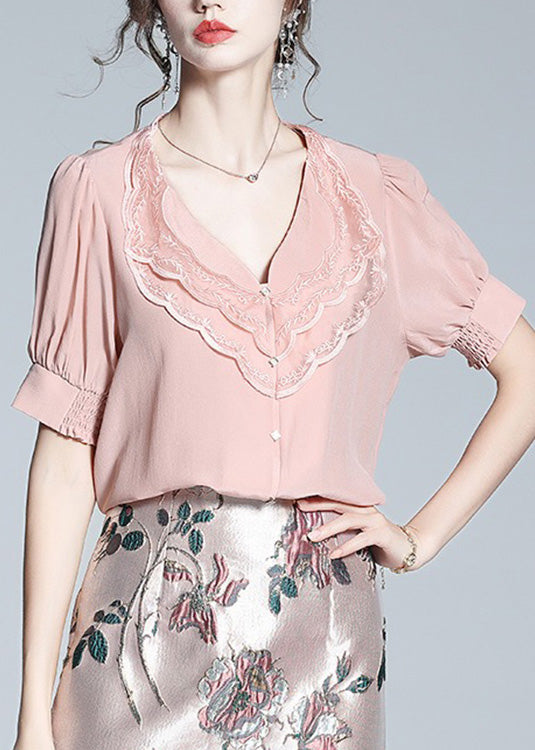 Cute Pink V Neck Embroideried Button Silk Shirt Short Sleeve