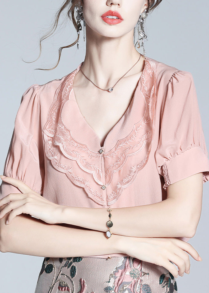 Cute Pink V Neck Embroideried Button Silk Shirt Short Sleeve