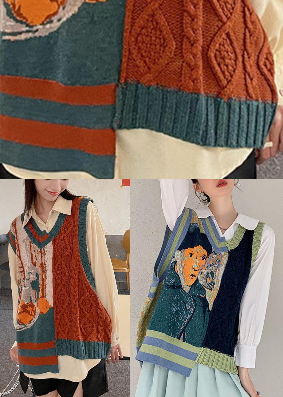 DIY Green V Neck Jacquard cozy Fall Knit Vest