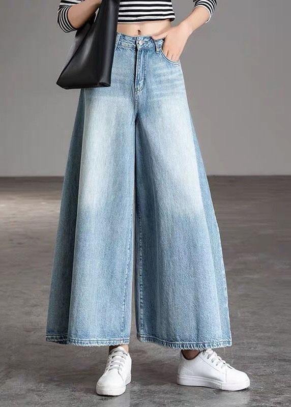 DIY Light Blue fashion Pockets Casual Wide Leg Fall Denim Pants Omychic
