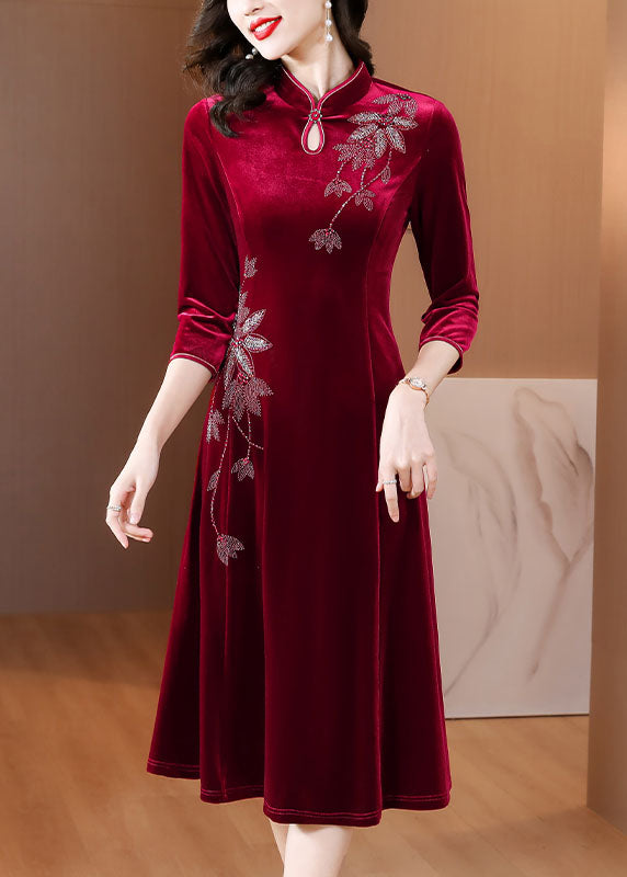 DIY Wine Red Embroideried Slim Silk Velour Long Dress Fall