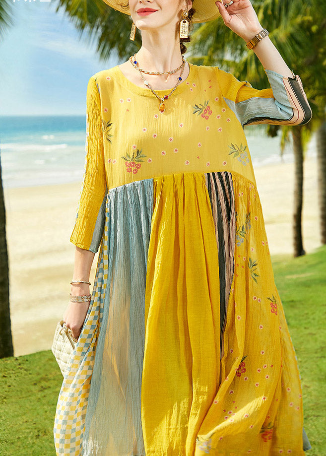 DIY Yellow O-Neck Print Patchwork Silk Cotton Maxi Dress Summer