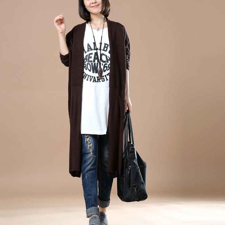 Deep brown long knit coats oversize cardigans - Omychic