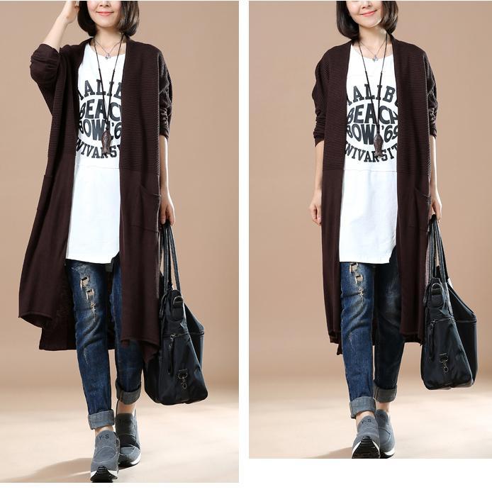 Deep brown long knit coats oversize cardigans - Omychic