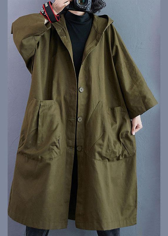Elegant Army Green Pockets Button Fall Hooded Long sleeve Trench Coats - Omychic