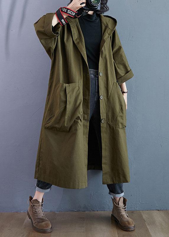 Elegant Army Green Pockets Button Fall Hooded Long sleeve Trench Coats - Omychic