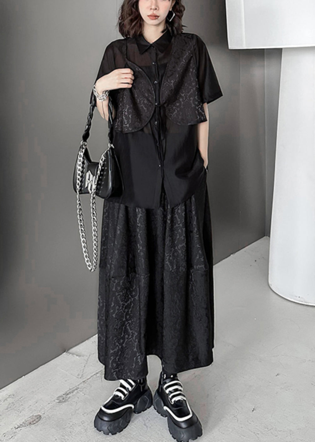 Elegant Black Jacquard Lace Up Patchwork Silk Cotton Two Piece Set Summer