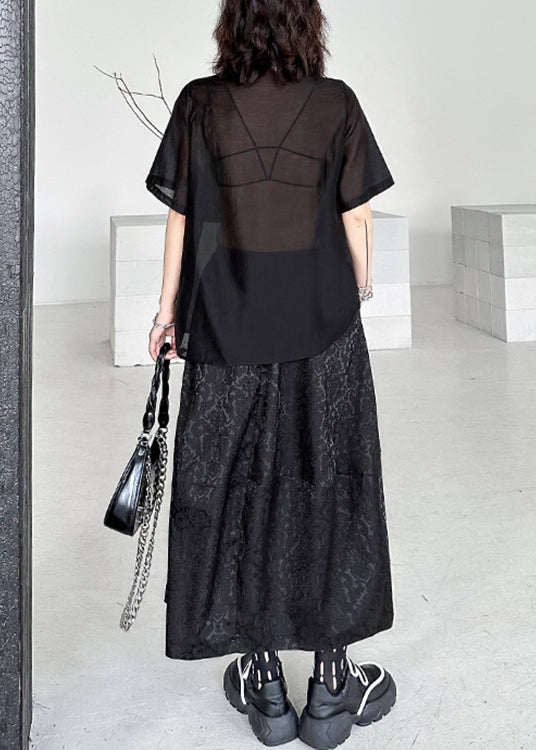 Elegant Black Jacquard Lace Up Patchwork Silk Cotton Two Piece Set Summer