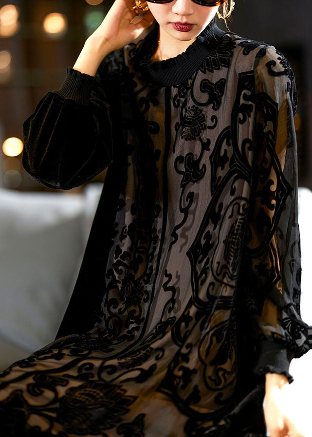 Elegant Black O-Neck Embroideried Patchwork Silk Velour Maxi Dress Long Sleeve