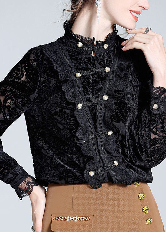 Elegant Black Stand Collar Lace Patchwork Button Silk Top Long Sleeve