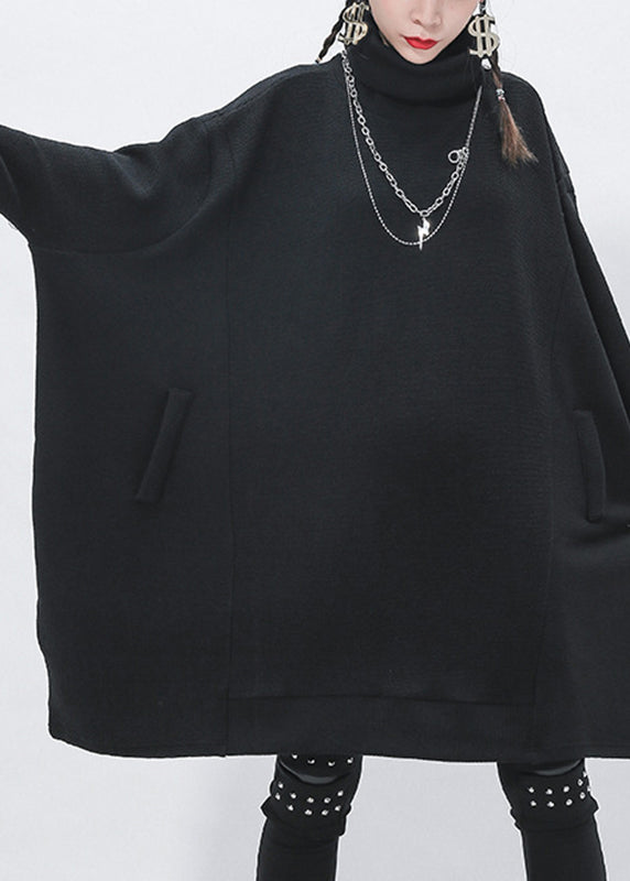 Elegant Black Turtleneck Patchwork Knit Sweaters Long Sleeve