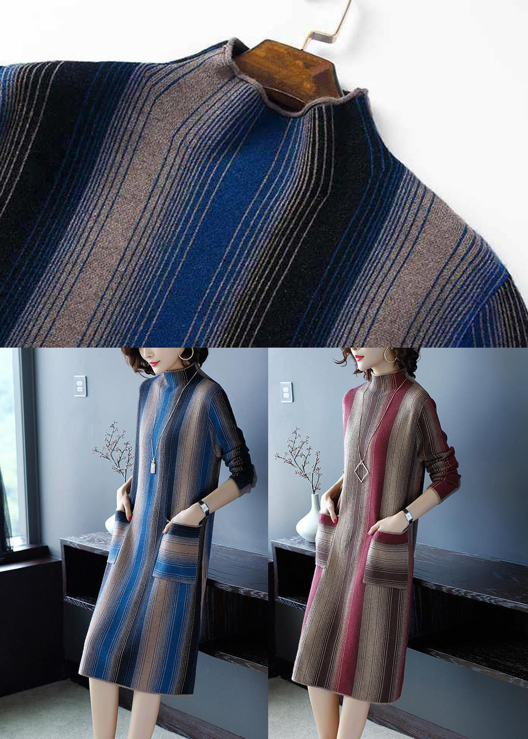 Elegant Blue High Neck Striped Knit Long Sweater Winter