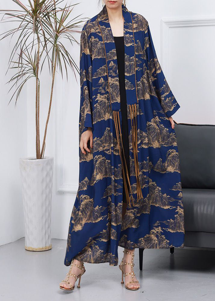 Elegant Blue Tasseled Patchwork Print Silk Cardigan Spring
