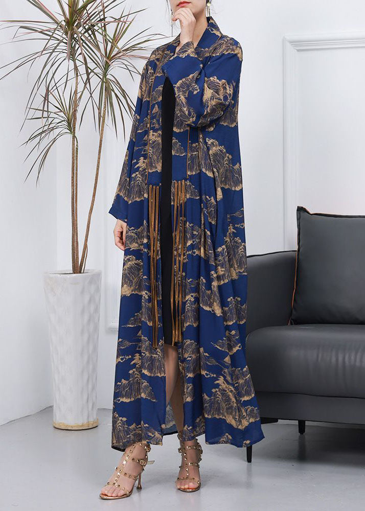 Elegant Blue Tasseled Patchwork Print Silk Cardigan Spring