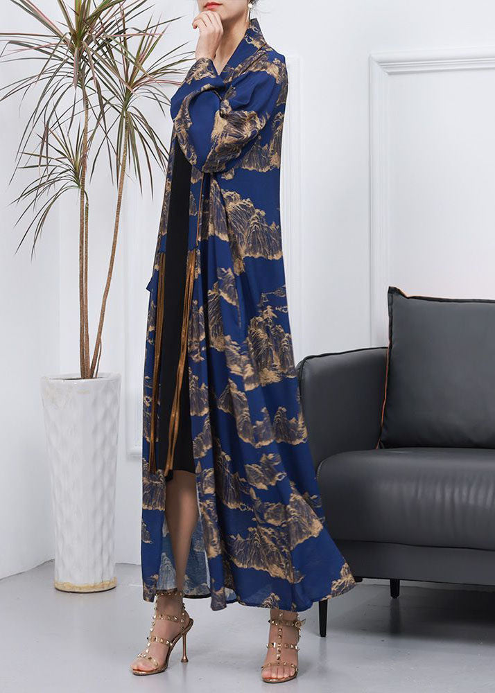 Elegant Blue Tasseled Patchwork Print Silk Cardigan Spring
