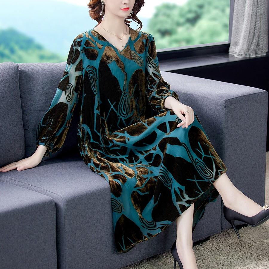 Elegant V-neck A-line Silk Velvet Long Dress