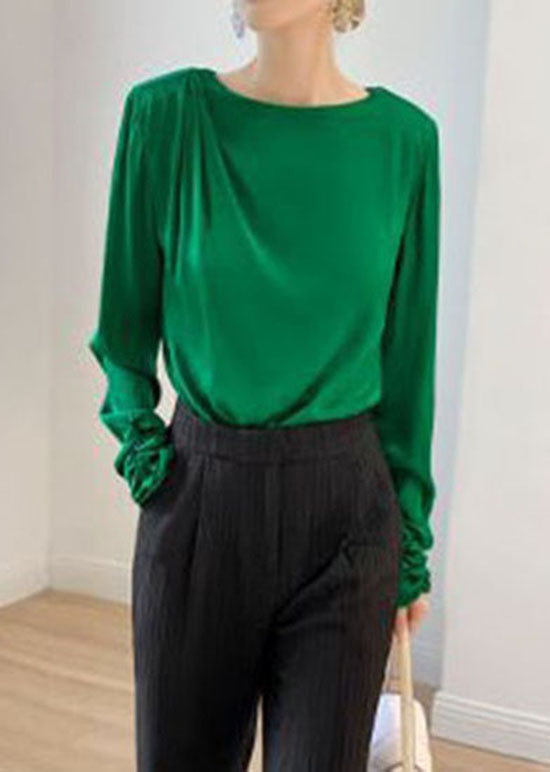 Elegant Green O Neck Patchwork Wrinkled Silk Top Spring