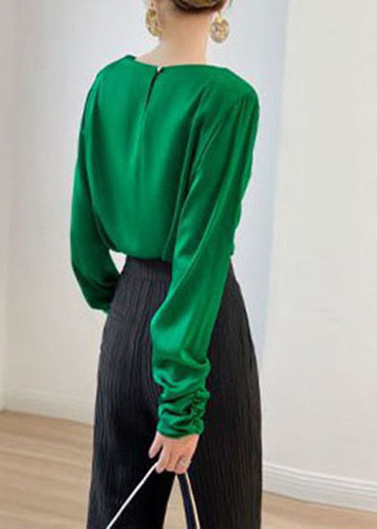 Elegant Green O Neck Patchwork Wrinkled Silk Top Spring