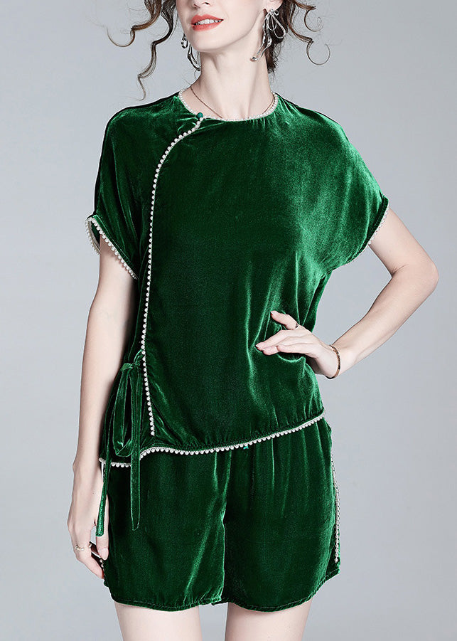 Elegant Green O-Neck Velour Top And Shorts Two Pieces Set Summer