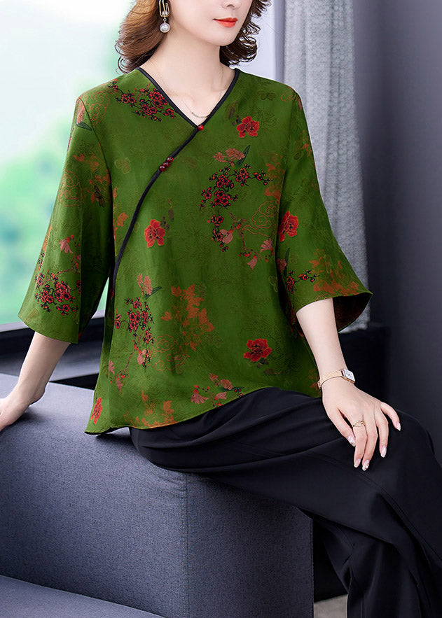 Elegant Green V Neck Print Silk Top And Wide Leg Pants Two Piece Set Summer