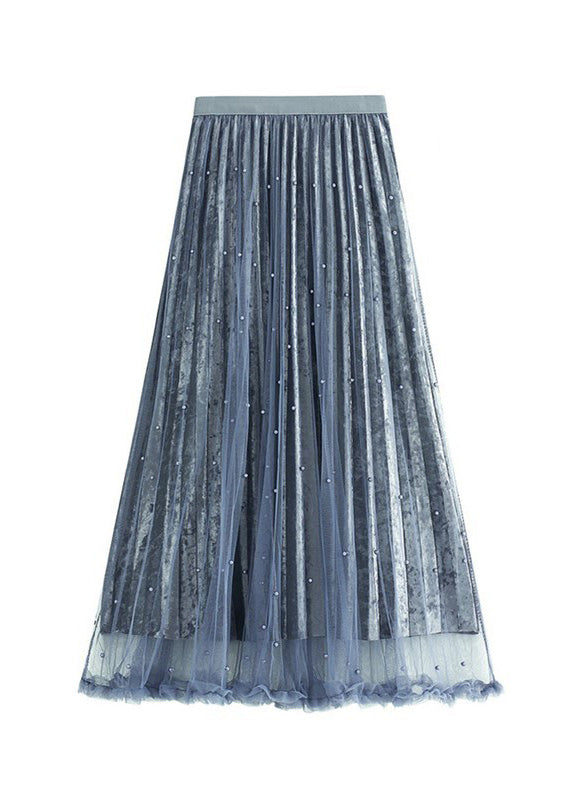 Elegant Grey Blue Elastic Waist Silk Velour Skirts Spring