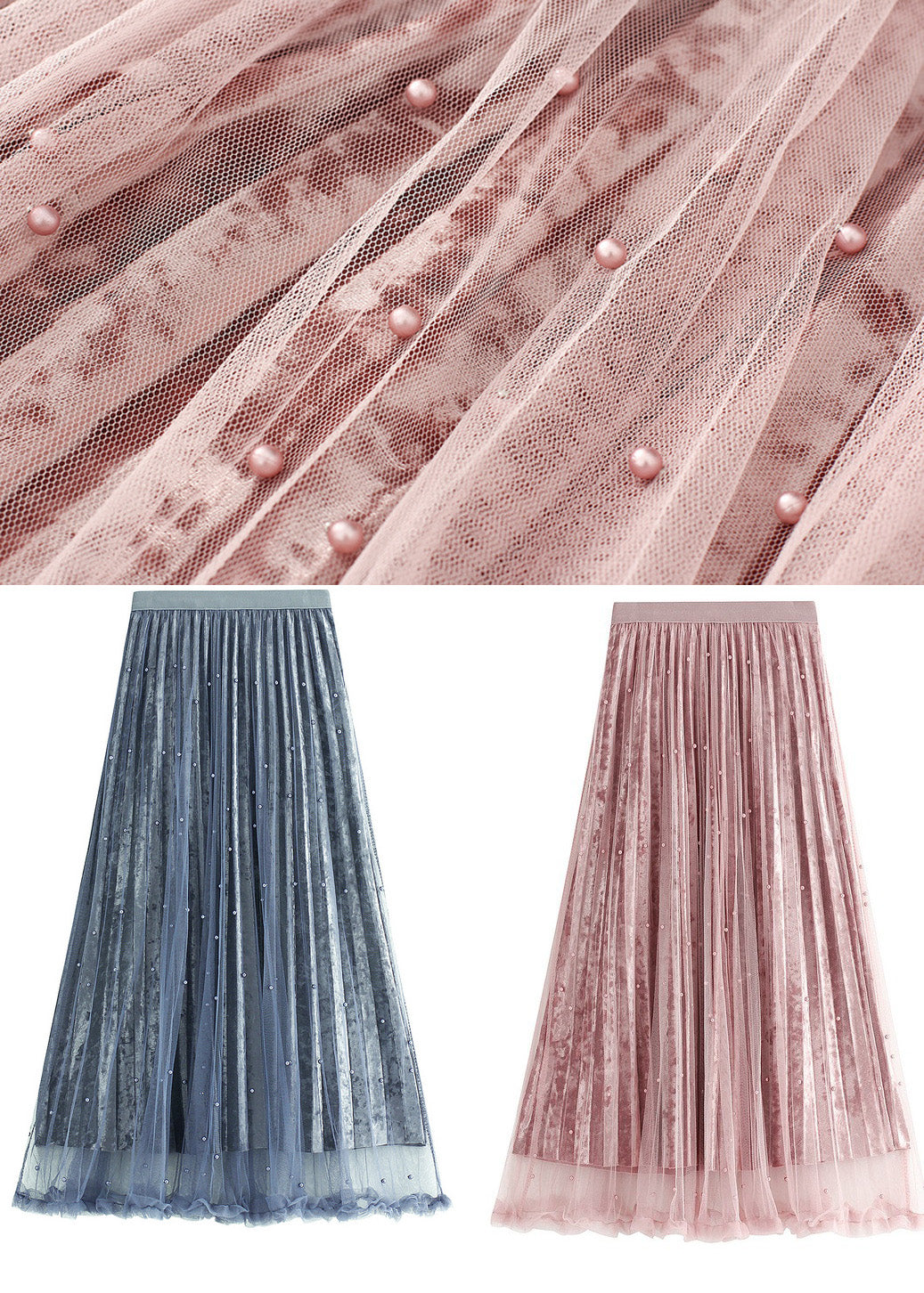 Elegant Grey Blue Elastic Waist Silk Velour Skirts Spring