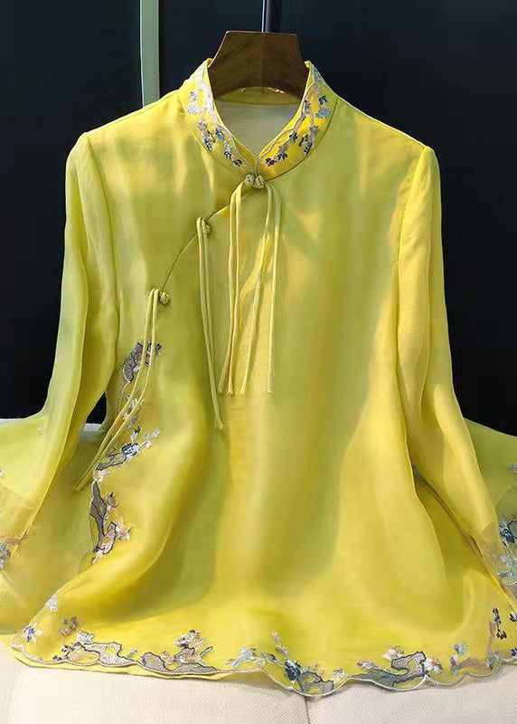 Elegant Light Green Embroidered Button Silk Shirt Long Sleeve