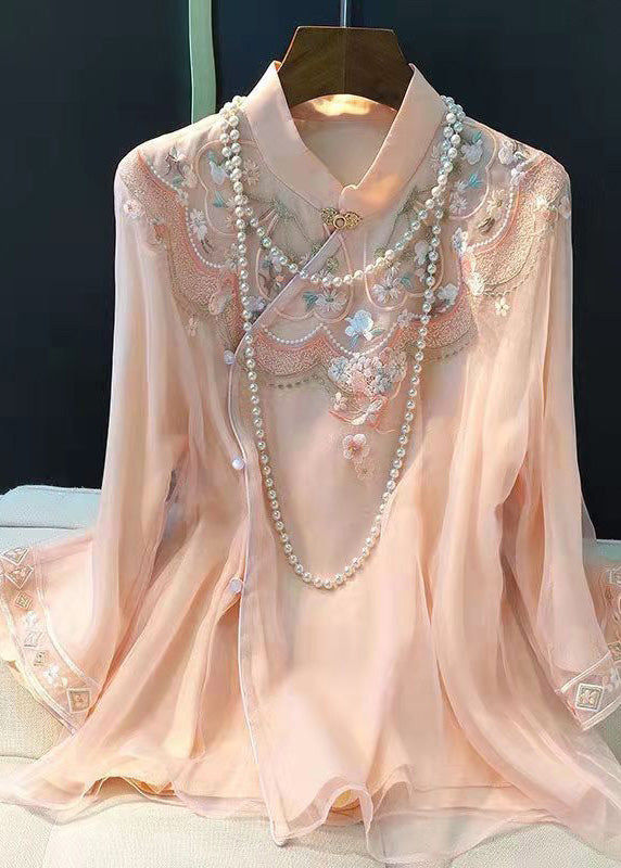 Elegant Light Green Embroidered Button Silk Shirt Long Sleeve