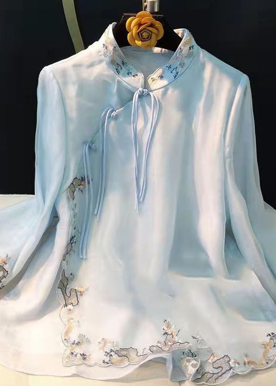Elegant Light Green Embroidered Button Silk Shirt Long Sleeve