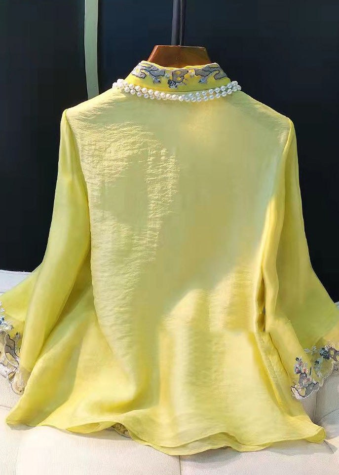 Elegant Light Green Embroidered Button Silk Shirt Long Sleeve