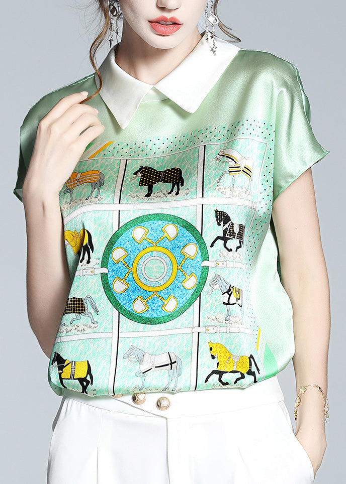 Elegant Light Green Peter Pan Collar Print Silk T Shirts Short Sleeve