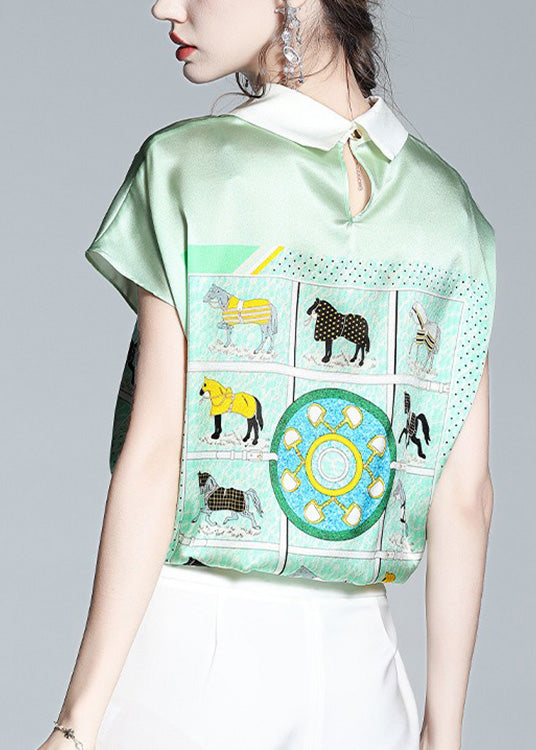 Elegant Light Green Peter Pan Collar Print Silk T Shirts Short Sleeve