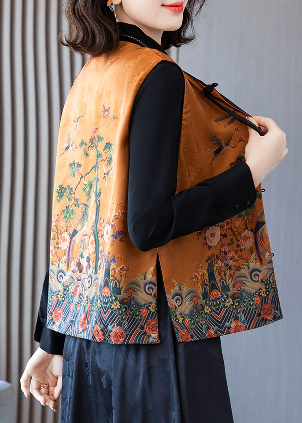 Elegant Orange O-Neck Print Button Side Open Silk Waistcoat Spring