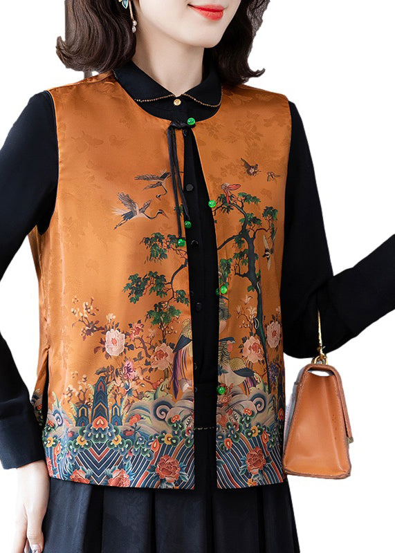 Elegant Orange O-Neck Print Button Side Open Silk Waistcoat Spring