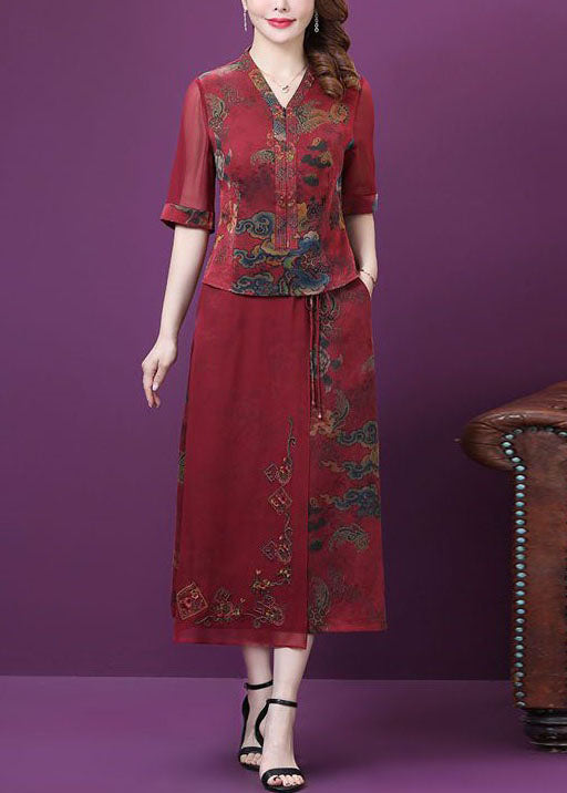 Elegant Red Print Patchwork Tops And Pants Silk Outfit Summer